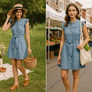 Rails Light Denim Letta Mini Dress S Flutter Sleeve Boho Cottage Core Minimalist